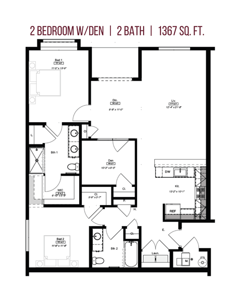 Floor plan for 2 beds, 2 baths, 1297 sqft